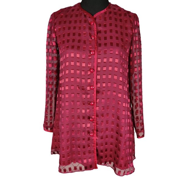Vintage Jeffrey & Dara petite womens long sleeve button up sheer blouse red sz 4 - Picture 1 of 7